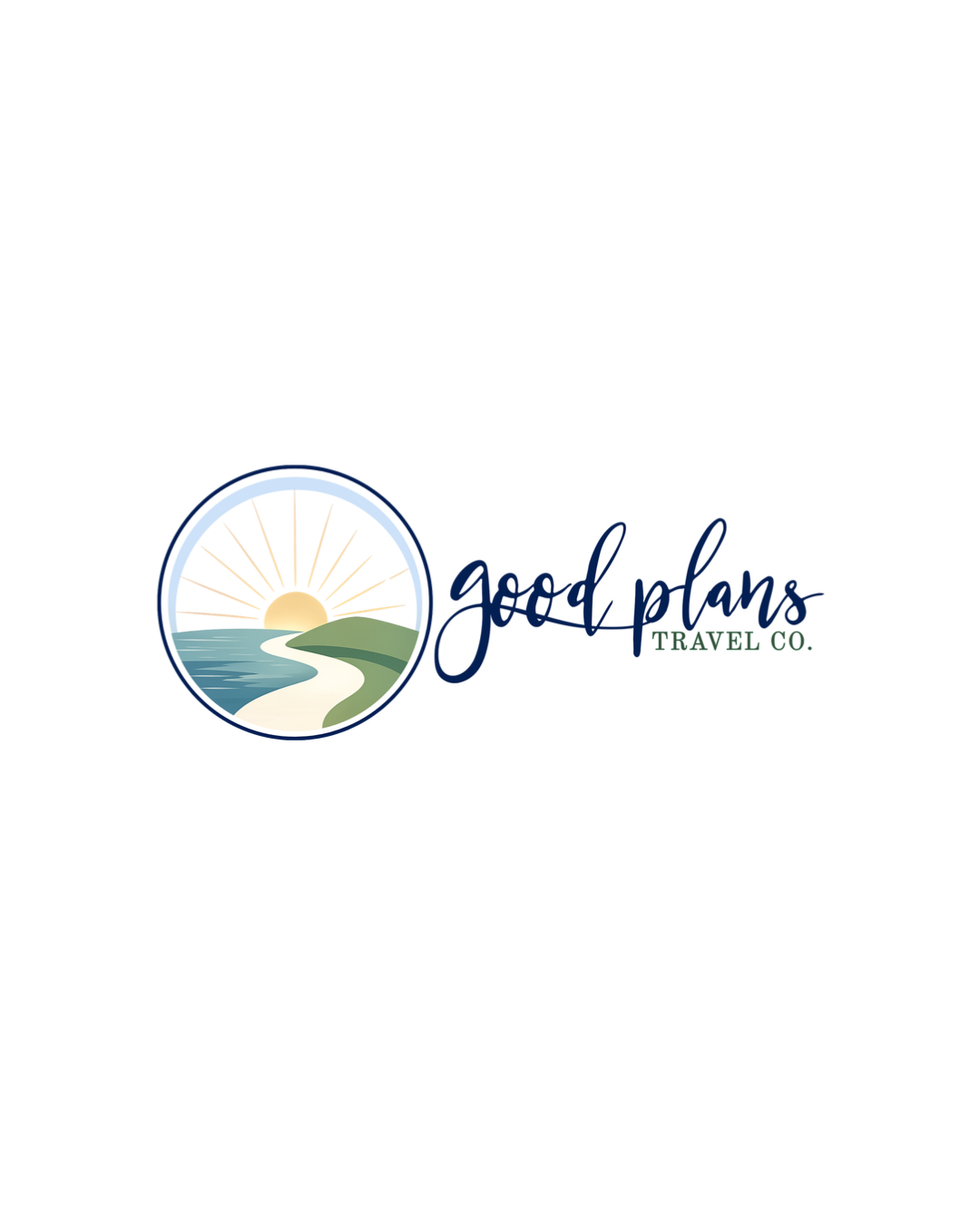 Good Plans Travel Co. logo with a sun, coastline, and hills over a blue sky background.
